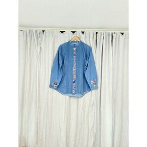 Vintage Hand Painted Floral Denim Shirt Womens XL Blue Cotto Pintuck Cottagecore